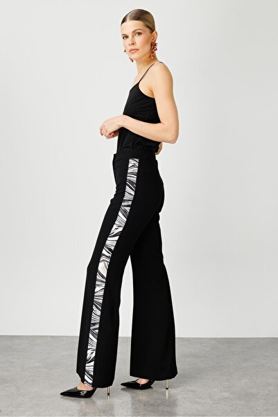 Moda İlgi Yanları desen şeritli modailgi pantolon siyah 04560