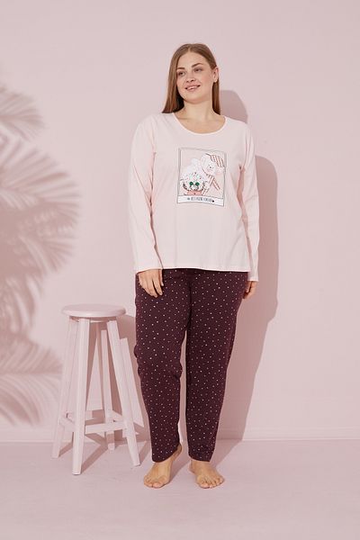 Siyah İnci Large Size Oversize Cotton Curve Pajama Set - Salmon Printed 24240698