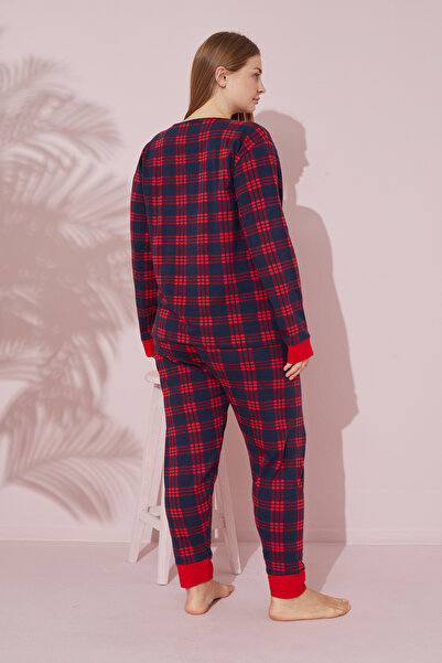Siyah İnci Plus Size Red Curve Cotton Pajama Set - 24240723