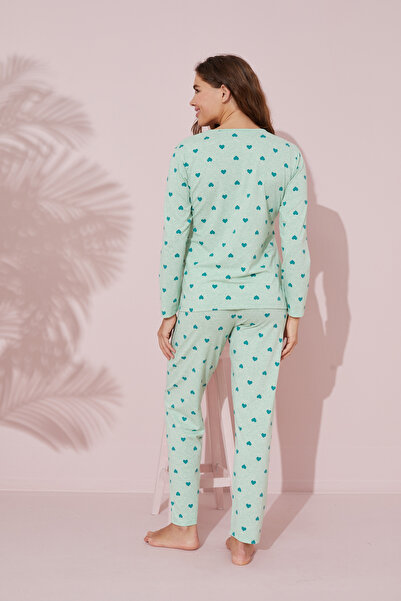 Siyah İnci yeşil baskılı Pamuklu Örme Pijama Takım 24241070