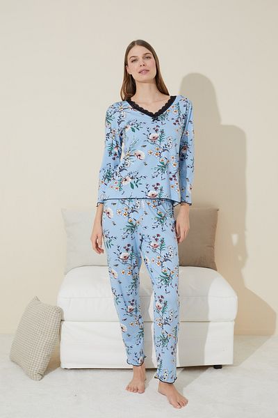 Siyah İnci Set de pijamale din bumbac albastru cu modele florale - 24240105