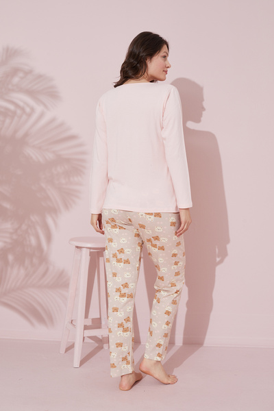 Siyah İnci somon Nakışlı düğmeli Pamuklu Örme Pijama Takım 24240154