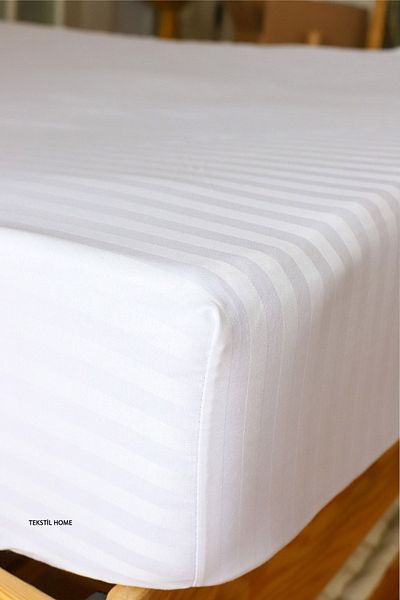 Tekstil Home Luxury Hotel Type White Striped Cotton Satin Elastic Fitted Bed Sheet Set for Single or Double