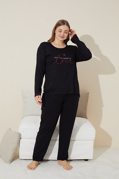 Siyah İnci Plus Size Black Printed Cotton Pajamas Set - 24240628