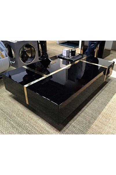 LUXURY VİLLA Luxury Siyah Camlı Gold Aynalı Tekerlekli Orta Sehpa 75x130 Yükseklik 30cm