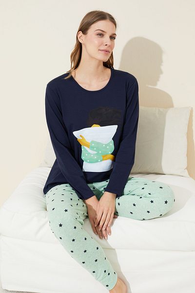 Siyah İnci Navy Blue Printed Cotton Knitted Pajamas Set 24240130