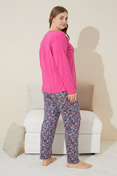 Siyah İnci fuşya baskılı Pamuklu Curve Büyük Beden Battal Boy Örme Pijama Takım 24240626