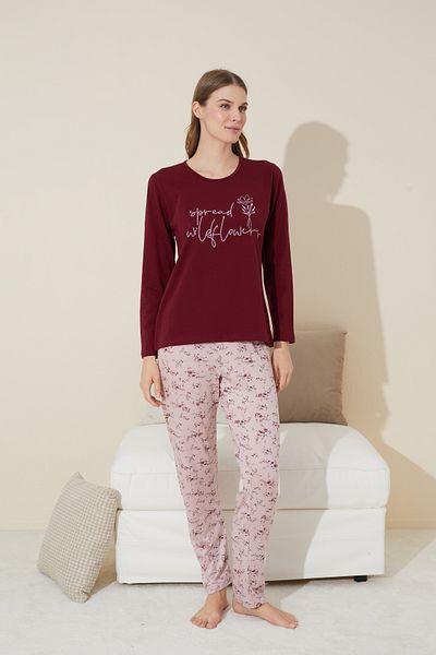 Siyah İnci Set pijamale tricotate din bumbac roșu Claret - 24240115