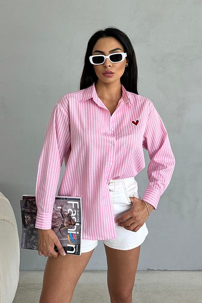 Ortaya Çık Striped Pink Heart Patterned Basic Shirt