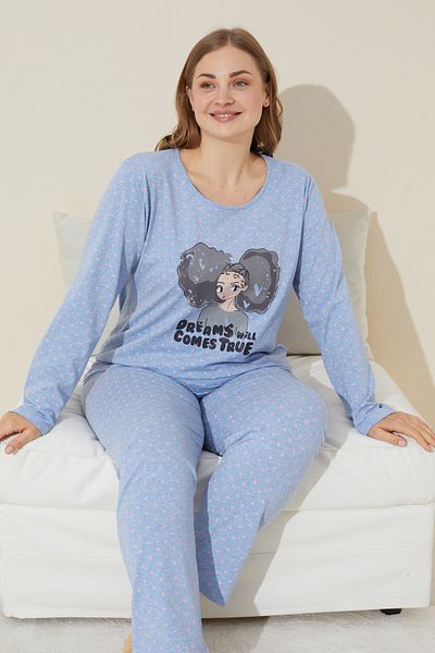 Siyah İnci Set de pijamale din bumbac cu imprimeu albastru de marimi mari - 24240667