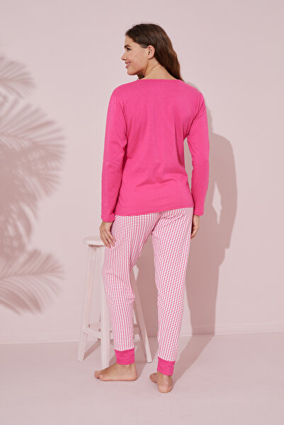 Siyah İnci fuşya baskılı Pamuklu Örme Pijama Takım 24241061