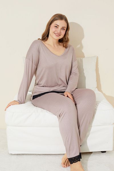Siyah İnci Σετ πιτζάμες Vsikon Curve Lace Λεπτομερές σετ πιτζάμες μεγάλου μεγέθους - Μοτίβο σημείων βιζόν, King Size 24240655