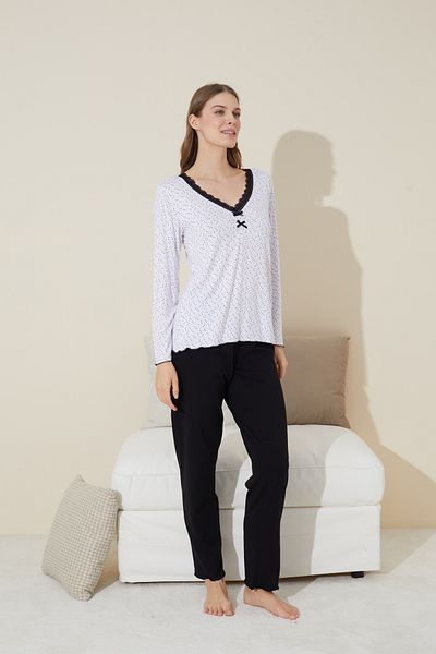 Siyah İnci Set pijamale tricotate cu model Pujan alb din bumbac - 24240122