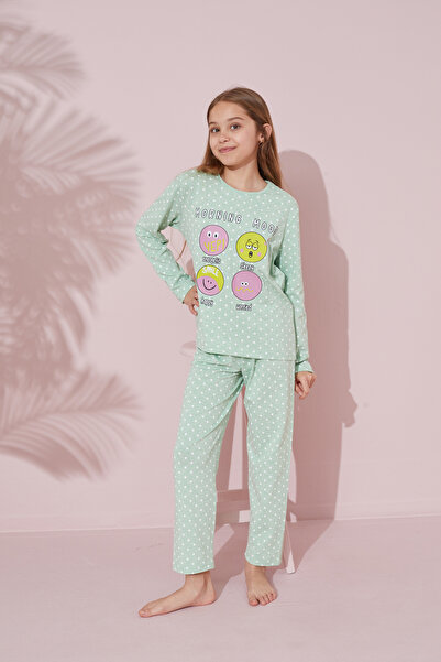 Siyah İnci yeşil baskılı Pamuklu Örme Pijama Takım 24241088