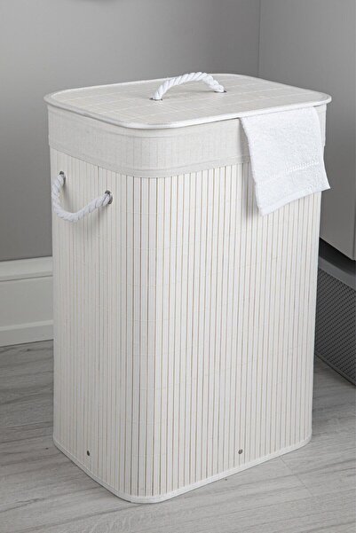 E-LİFE HOME Doğal Bambu Beyaz Dikdörtgen Çamaşır Sepet-60 Litre