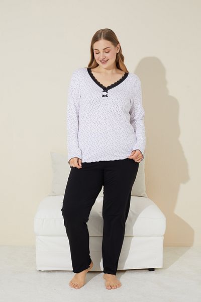 Siyah İnci Plus Size White Point Patterned Cotton Curve Pajama Set - 24240654