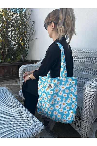 bee store Țesătură cu guss pentru femei Blue Daisy, geantă de mână și de umăr din pânză