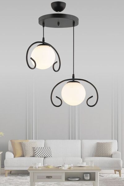 Genel Markalar Sarkıt Tepsi Siyah 2'li Kelebek Beyaz Top Camlı Lüks Avize