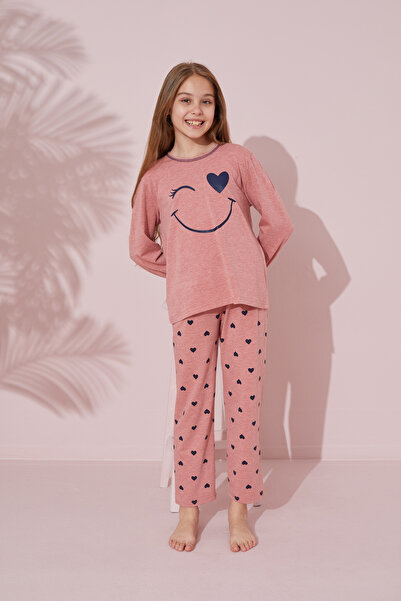 Siyah İnci koyu somon baskılı Pamuklu Örme Pijama Takım 24241075