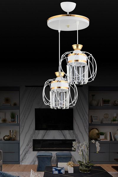 Kraliçe Pendant Lamp Tray White 2-Piece Sapphire Yellow Crystal Stone Luxury Chandelier