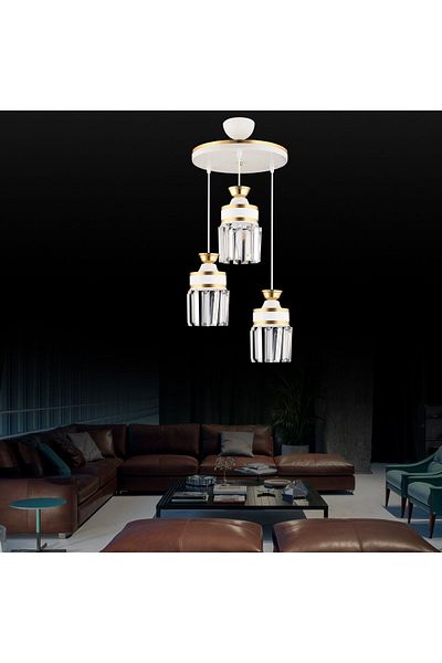 Kraliçe Nairobi 3-Piece White Crystal Stone - Yellow Striped Cylinder Luxury Chandelier
