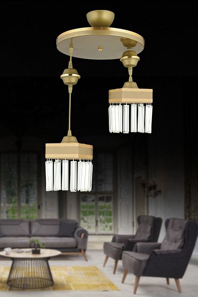 Kraliçe 2-Piece Crystal Stone Antique Pendant Lamp Tray - Square Luxury Chandelier with Yellow Stripe