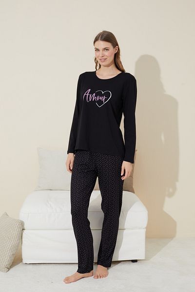 Siyah İnci Cotton Black Printed Pajama Set - 24240129