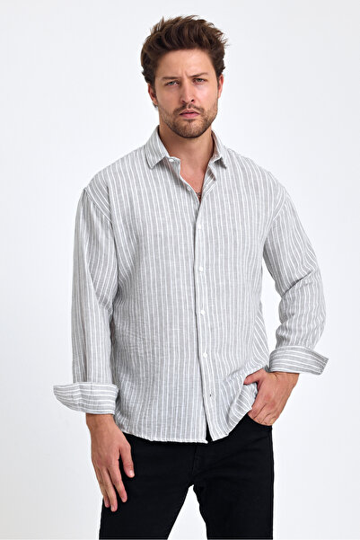 Tarz Cool Men's Striped Classic Fit Shirt - Long Sleeve, 100% Cotton Linen, Folded Sleeve