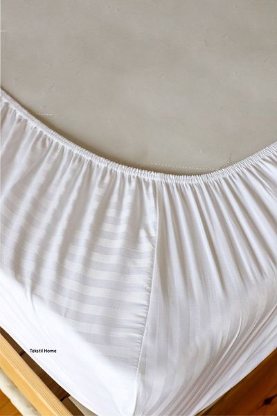 Tekstil Home Luxury Hotel Series White Striped Cotton Satin Elastic Fitted Bed Sheets for Single & Double