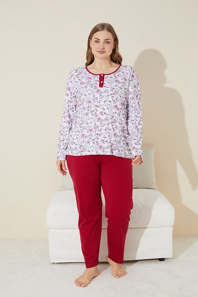Siyah İnci Set de pijamale curbate din bumbac cu imprimeu floral alb de marime plus - cu nasturi, supradimensionat 24240657