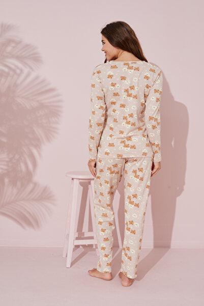 Siyah İnci Beige Teddy Bear Patterned Cotton Knitted Pajamas Suit 24241098