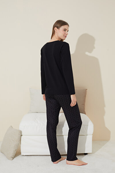 Siyah İnci siyah baskılı Pamuklu Örme Pijama Takım 24240129