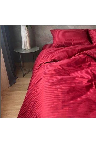 Tekstil Home 5 Star Luxury Hotel Type Double Elastic Striped Cotton Satin Duvet Cover Set Claret Red