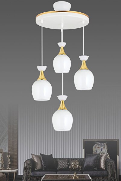 Genel Markalar Sarkıt Tepsi 4'lü Beyaz Fanus Beyaz  Camlı Sarı Şeritli  Moder...