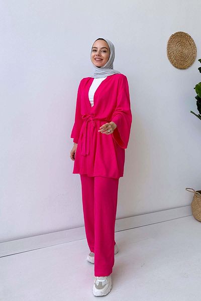 Ka Hijab Set dublu kimono cu centură cu mâneci Fakir - fucsia