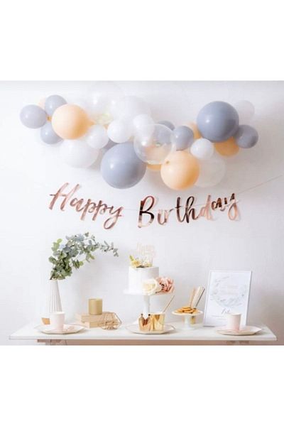 Deniz Party Store Rose Gold Balloon Salmon Transparent Calligraphy Chain Set - Pastel Gray White