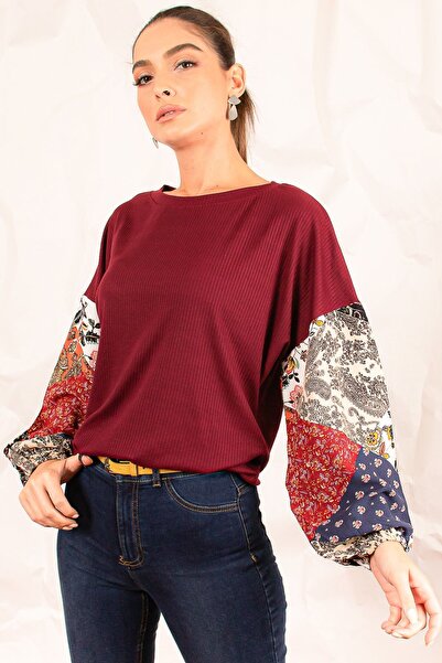 armonika Γυναικεία μπορντώ μανίκια πλεκτή μπλούζα με σχέδιο μπαλόνι ARM-20K081001