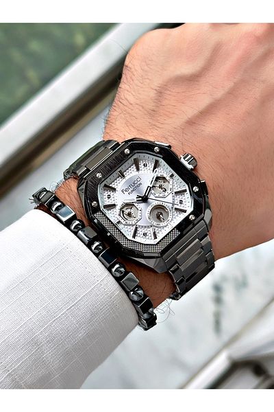 Ferrucci men's Functional Wristwatch - Square Pattern, Smoke Color, Steel Cord + Bracelet Gift