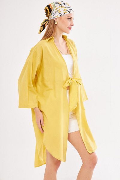 armonika Kimono Midi din in subțire galben - Cămașă cu cravată în față ARM-24Y001081