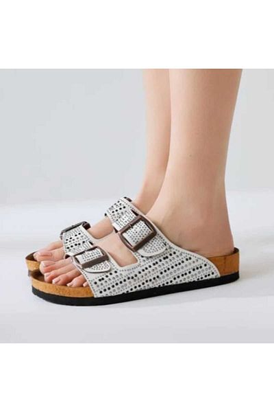 DADWOLF White Double-Strapped Slippers with Stone Detail
