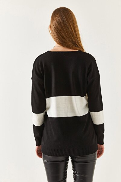 armonika Pulover negru de damă, bicolor, cu decolteu în V, scurt în față, în spate lung ARM-18K012042
