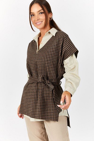armonika Női Mink kis houndstooth mintás nyakkendő derék V-nyakú pulóver ARM-21K001070