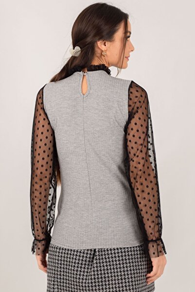 armonika Dámské šedo-černé tylové rukávy a límec Manšestrový úplet Svetr Arm-22K001043