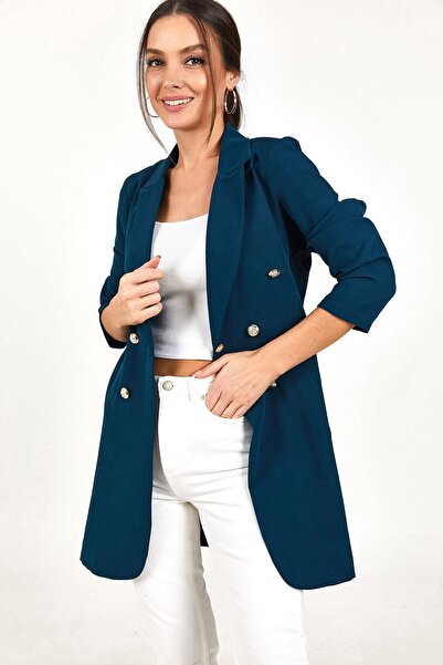 armonika Kadın Petrol Düğmeli Uzun Ceket ARM-22Y001072