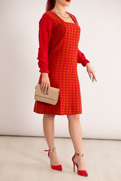 armonika Women's Red Plaid Square Collar Long Sleeve Dress Arm-22y001182