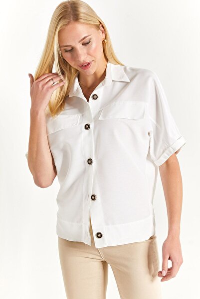 armonika Women's White Bat Sleeve Pocket Detailed Shirt ARM-24Y001029