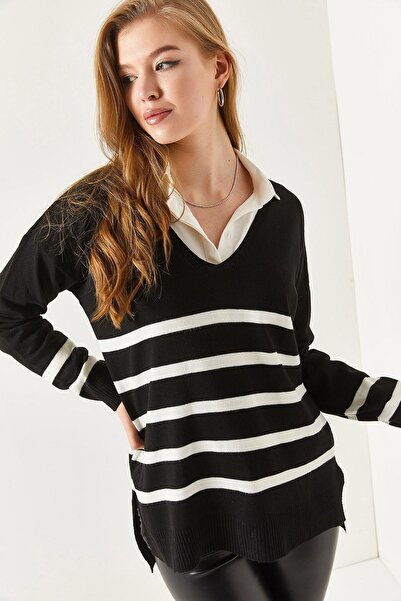 armonika Dámský černý svetr s výstřihem do V proužkovaný krátký přední díl dlouhý zadní díl ARM-20K012008