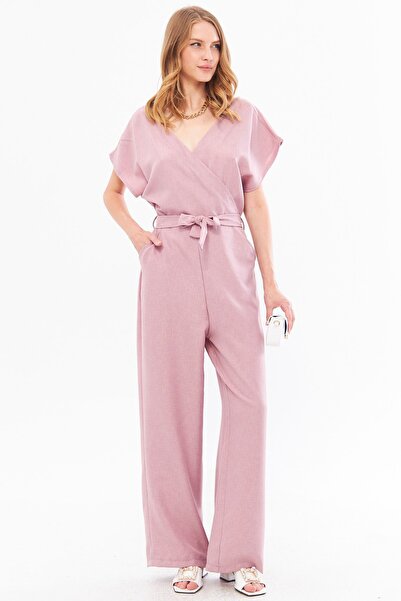 armonika Kadın Gül Kurusu Kruvaze Yaka Sırtı V Detaylı Cepli Kuşaklı Bol Paça...