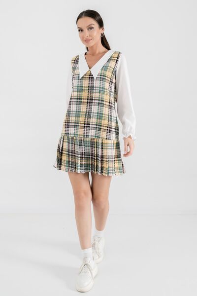 armonika Ženska žuta suknja od tvida sa naborima Košulja kragna Mini haljina ...