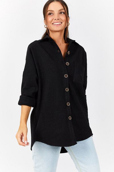 armonika Dámská černá oversize prošívaná kapsová košile-22Y001156